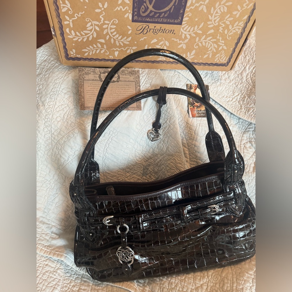 Brighton Leslie Bronze H40255 Ziptop Croco Shoulderbag Purse Bag